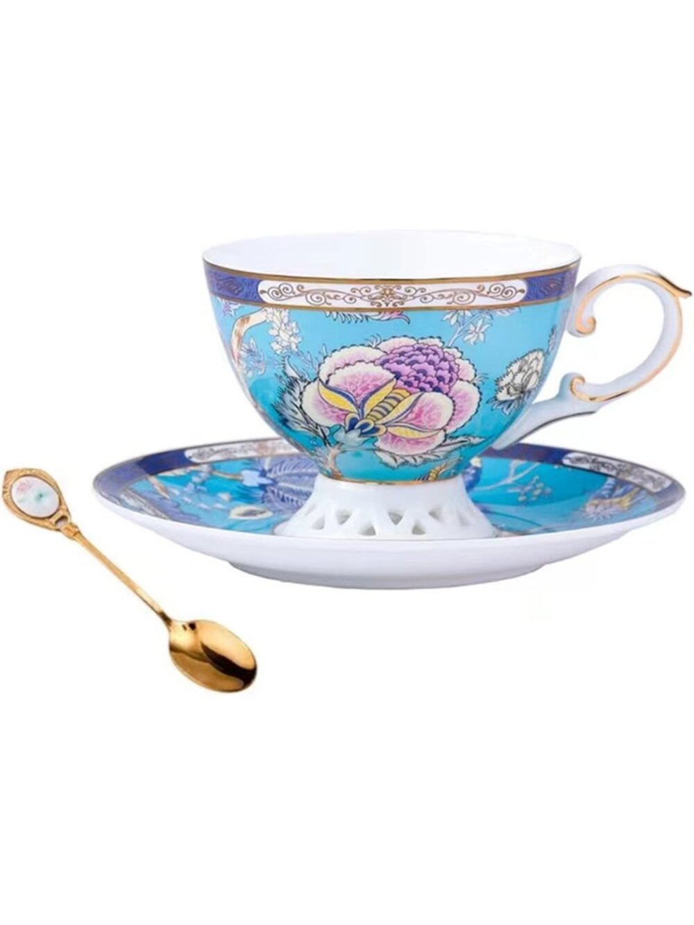 Vintage Floral Bone China Tea Cup & Saucer Set, 6.7oz, Gold Trim, Gift Boxed